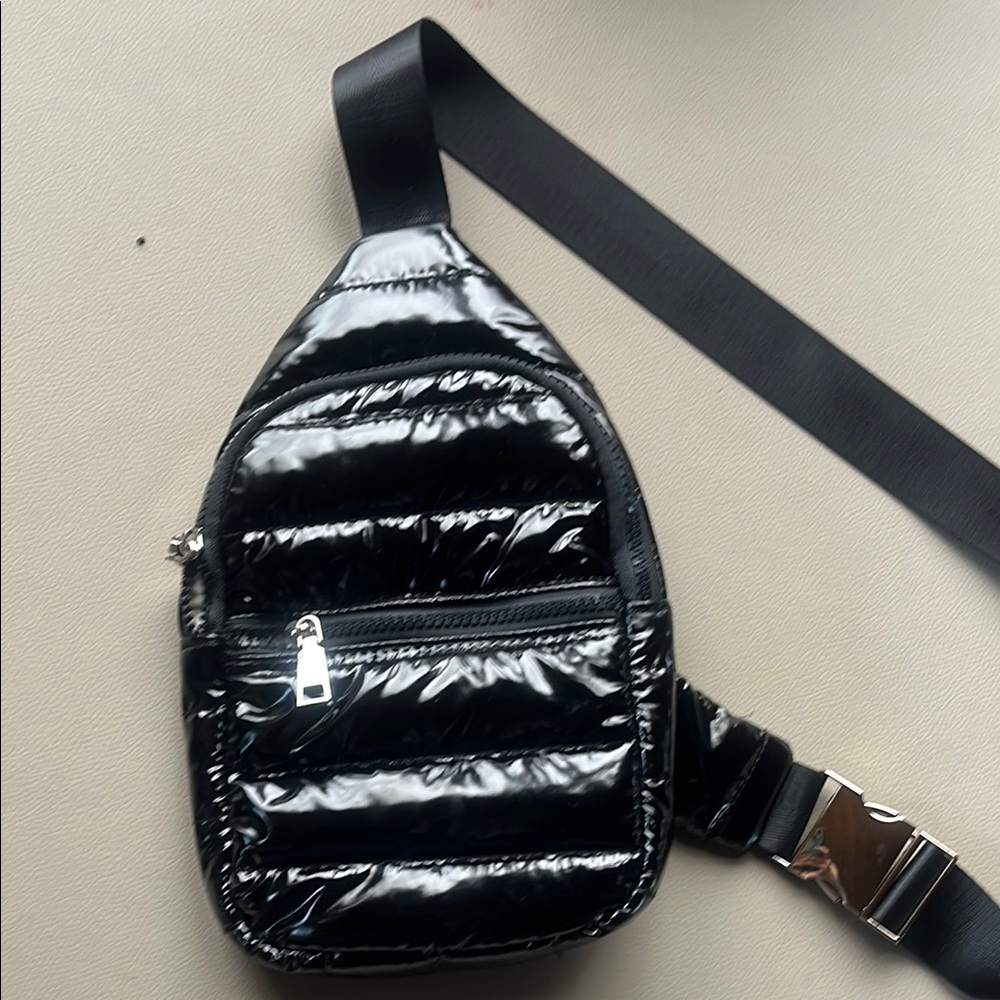 Ahdorned Black Womens  Sling Crossbody Bag - Quilted Patent Finish